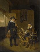 Interior with angler and man behind a spinning wheel. Quirijn van Brekelenkam